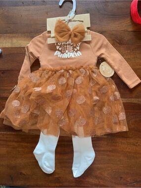 Lila & Jack Rust Orange Little Pumpkin Tulle Dress Bow Socks Set 3-6M